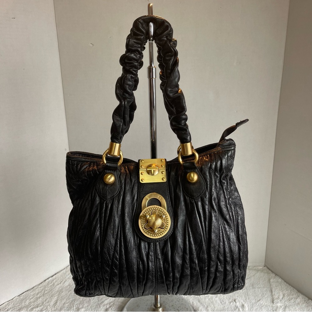 Steven Steve Madden Black Matelasse Leather Handbag With Gold Lock And Zipper